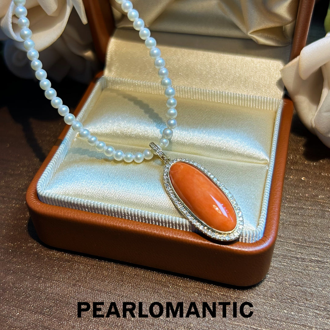 [Fine Jewelry] Pink Coral Big 7.95ct Oval Shape All-purpose Pendants w/ 14k Gold & Diamonds