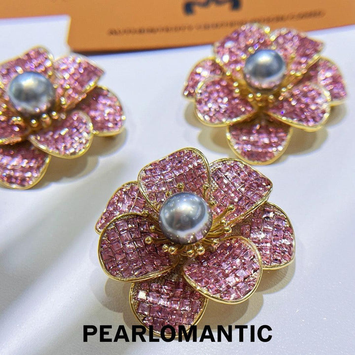 [Designer's Choice] S925 Silver 10-11mm Tahitian Platnium Grey Pearl Zircon Flower Brooch