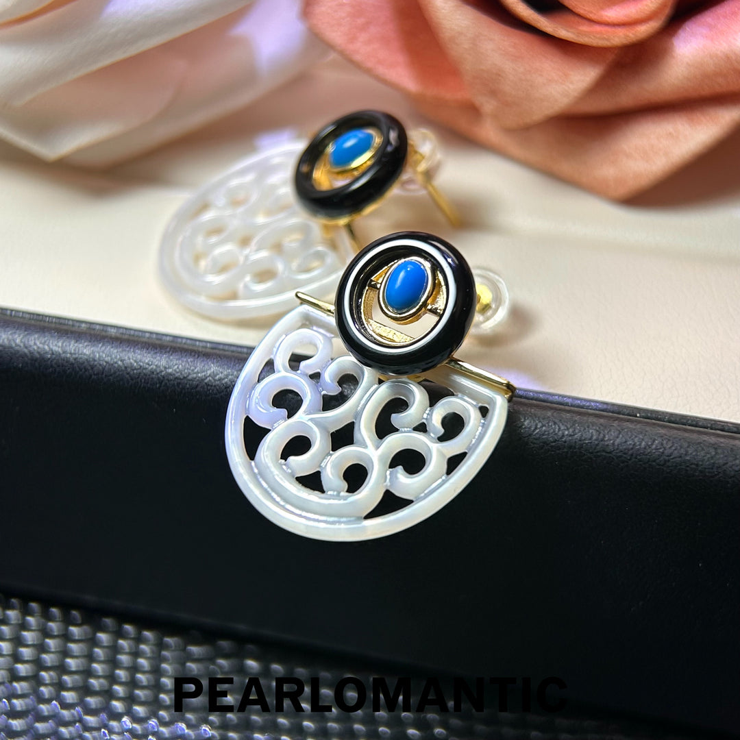 [618 Sale] Mother of Pearl Openwork Fan Earrings w/ Black Agate &amp; Turquoise