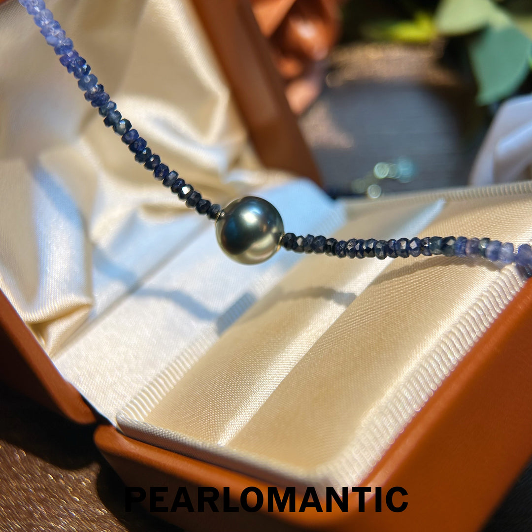 [Designer's Choice] Sapphire & Tahitian Black Pearl (4A+ Peacock Green) Adjustable Necklace