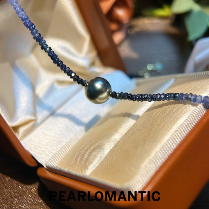 [Designer's Choice] Sapphire & Tahitian Black Pearl (4A+ Peacock Green) Adjustable Necklace