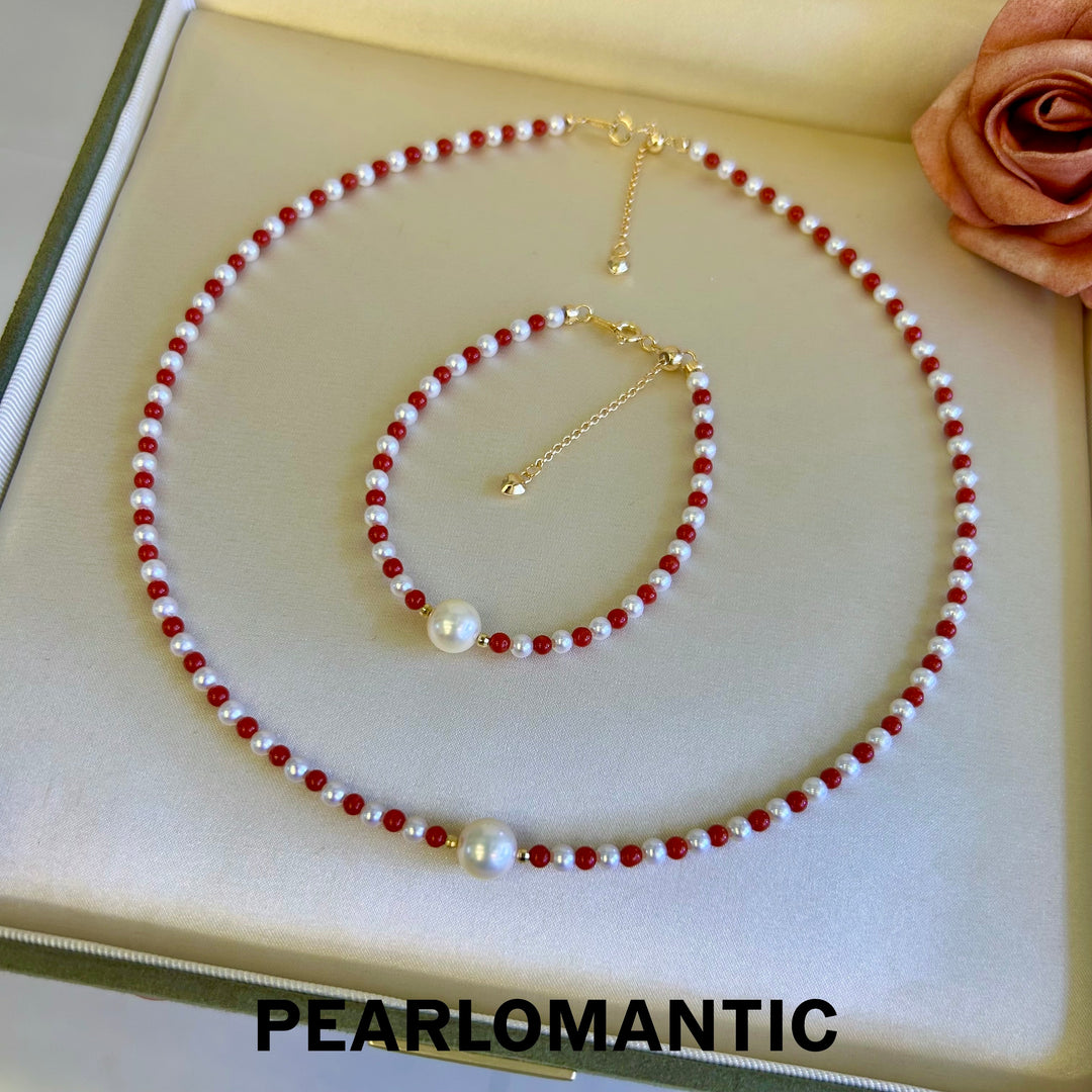 [Designer's Choice] Freshwater & Akoya Pearl & Red Coral Necklaces & Bracelets SET