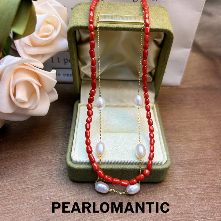 [Designer's Choice] Freshwater Pearl & Coral Multi-Sizes Double-Layer Necklaces w/ S925