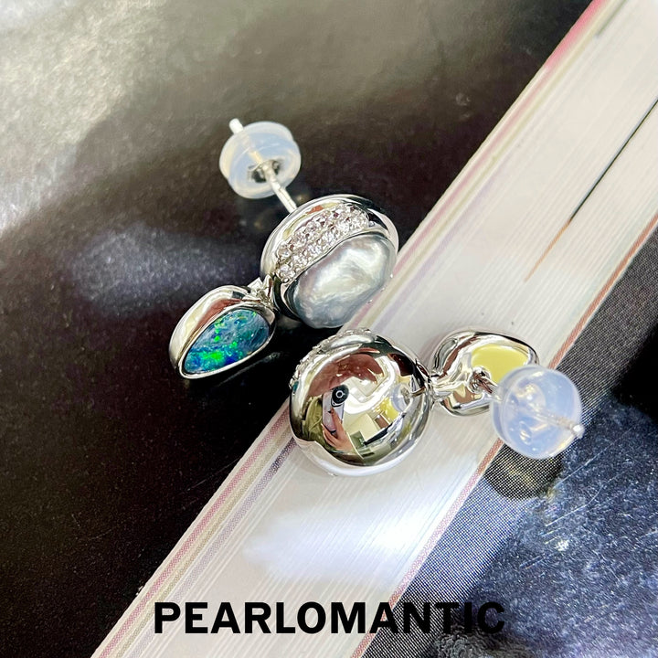 [Designer's Choice] Australian Opal Teardrop & Tahitian Keshi Pearl S925 Artisan Earrings