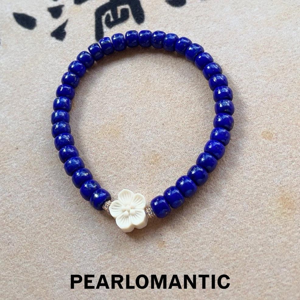 [618 Sale] 6–7mm Lapis Lazuli Bracelet w/ White Flower Accent