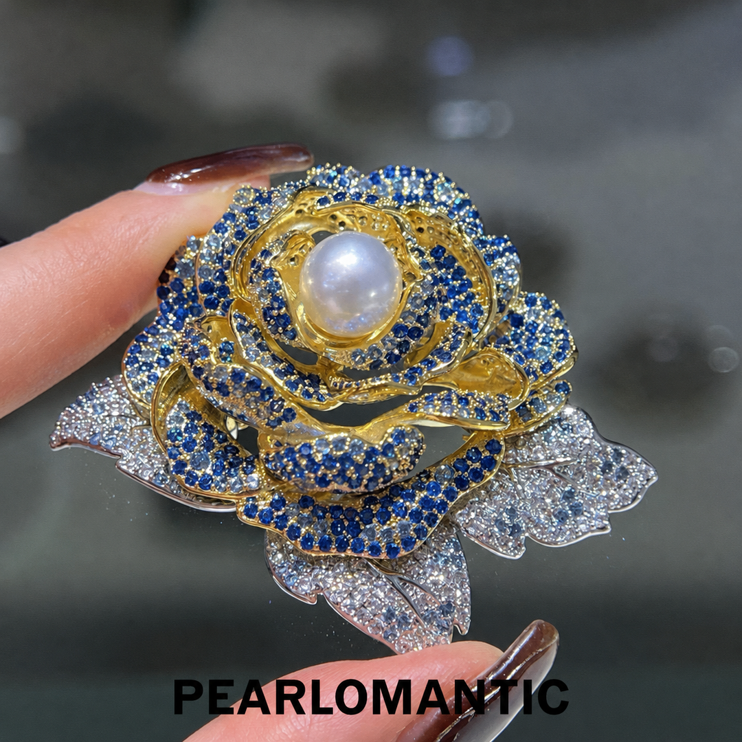 [Designer’s Choice] Blue Garden Freshwater Pearl Crystal Rose Brooch