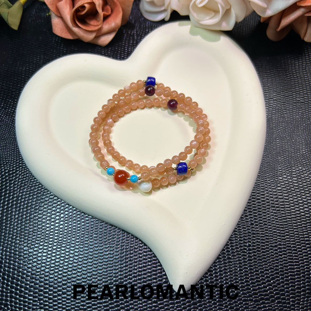 [Elección del diseñador] Pulsera multivuelta de ágata roja y cristal con brillo de atardecer único