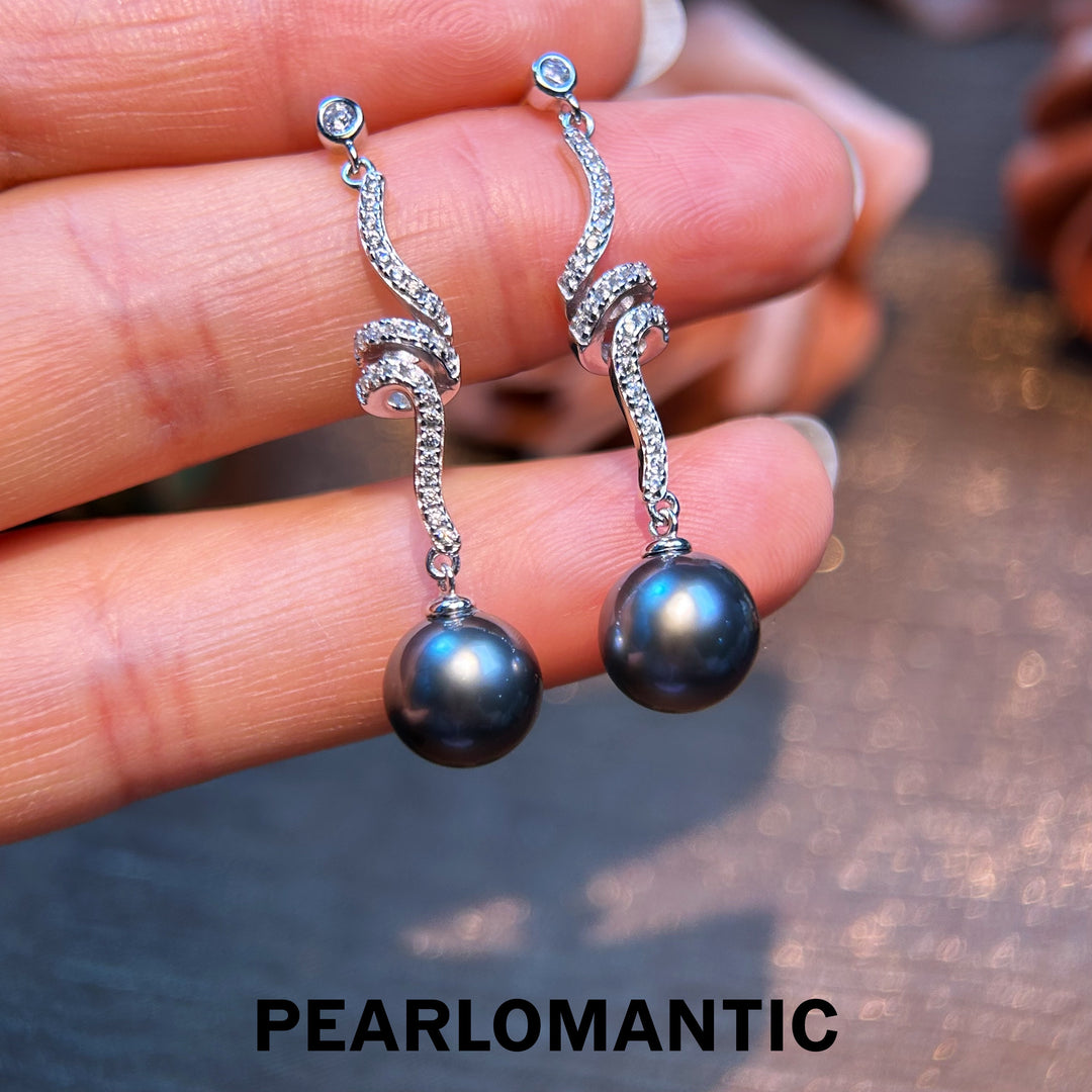 [Designer's Chioce] Tahitian Black Pearl Dazzling Curved Drop Earrings w/ S925 Silver