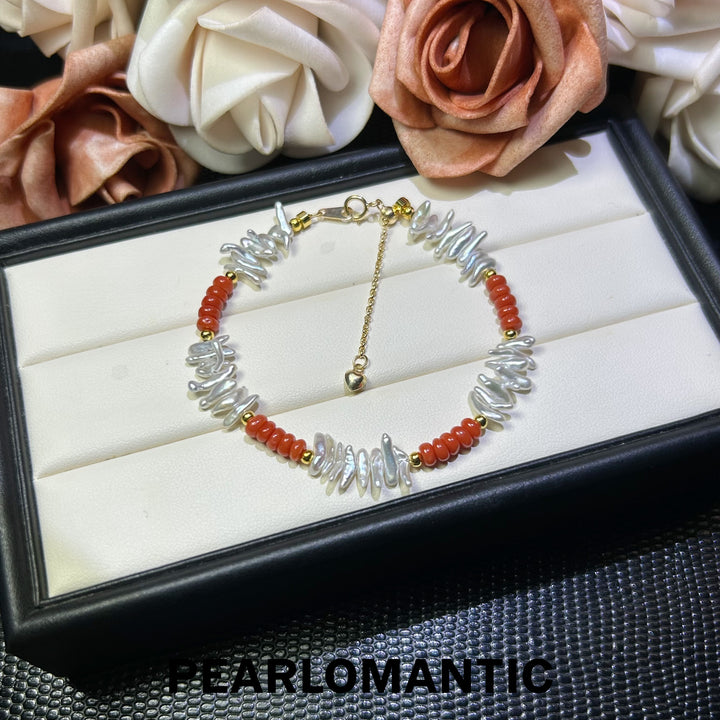 [618 Sale] Mabe Keshi Pearl &amp; Red Coral Fishbone Bracelet w/ S925 Silver