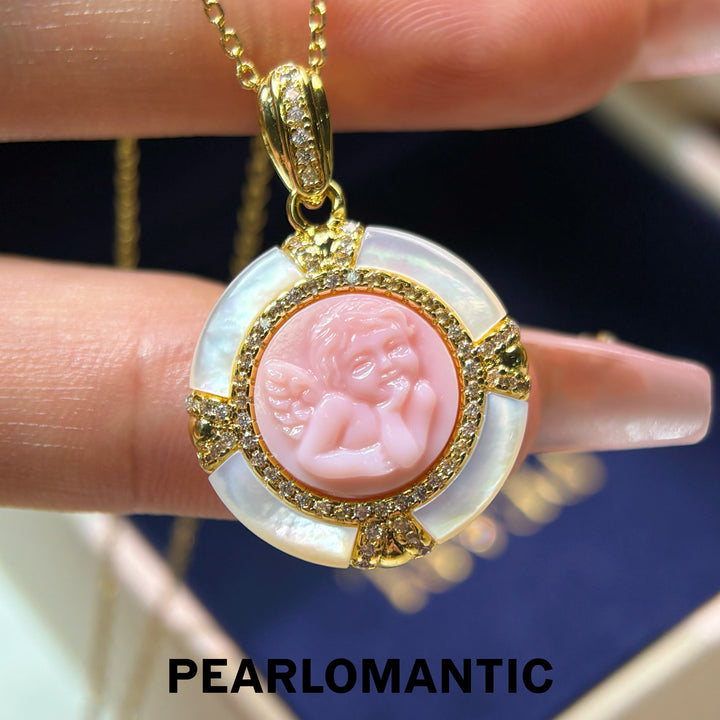 [Everyday Essentials] Angel Cameo Carved Conch Shell &amp; MOP Gold-Plated Pendant