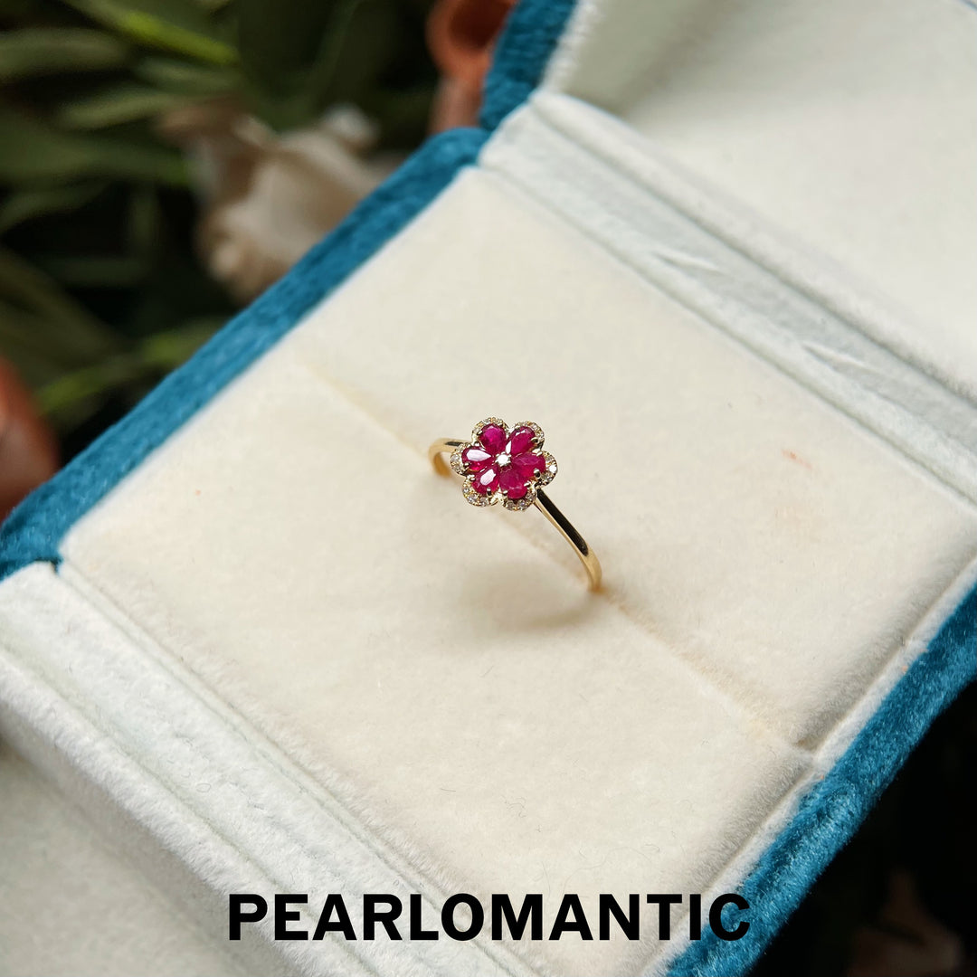 [Fine Jewelry] 18k Gold Ruby Floral Versatile Beauty Ring with Sparkling Diamonds