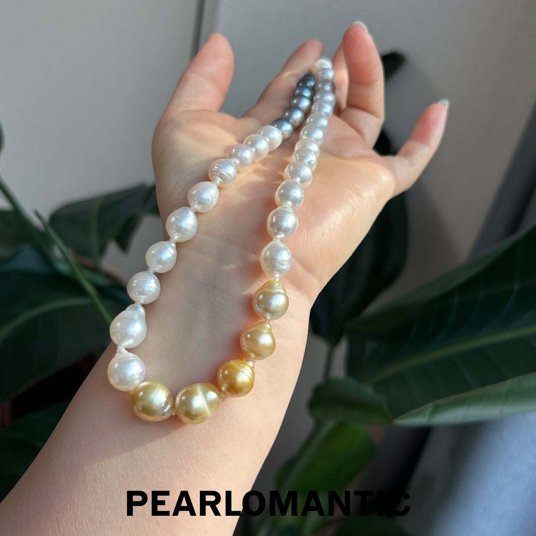 [Joyas finas] Collares clásicos de perlas barrocas de agua salada de triple tono con plata S925