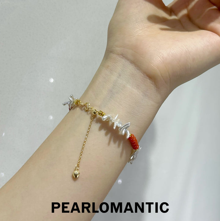 [618 Sale] Mabe Keshi Pearl &amp; Red Coral Fishbone Bracelet w/ S925 Silver