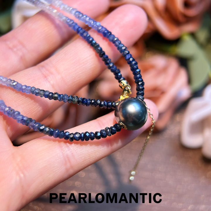 [Designer's Choice] Sapphire & Tahitian Black Pearl (4A+ Peacock Green) Adjustable Necklace