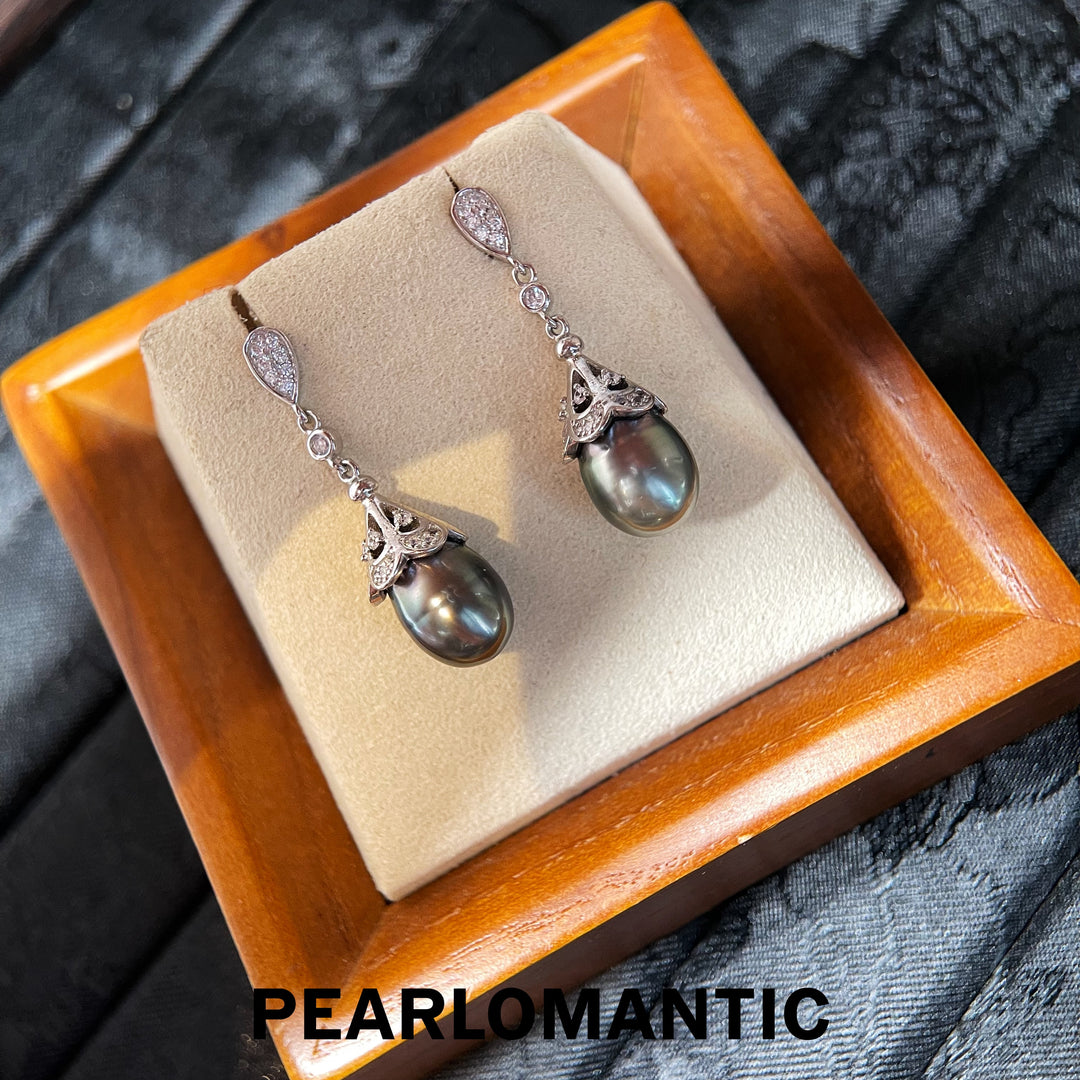[618 Sale] Tahitian Black Baroque Pearl Flower Cap Drop Earrings
