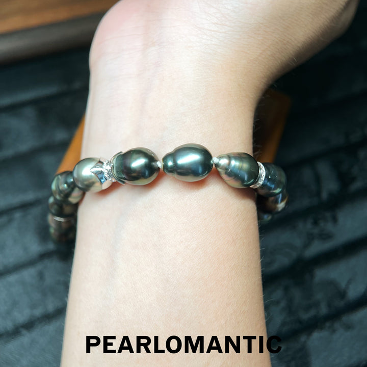 [618 Sale] Black Tahitian Baroque Pearl Bracelet w/ Silver Accent Clasp