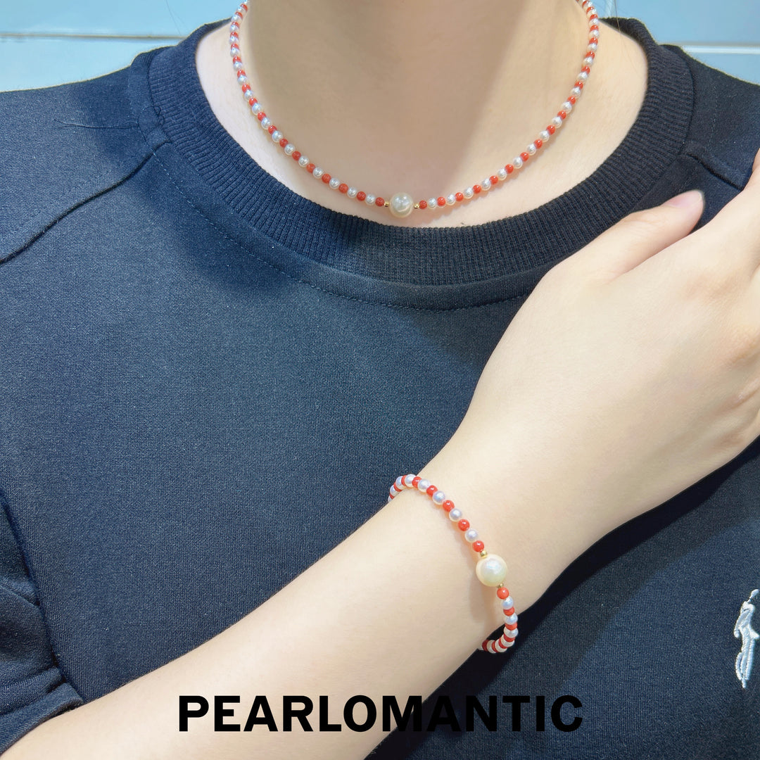 [Designer's Choice] Freshwater & Akoya Pearl & Red Coral Necklaces & Bracelets SET