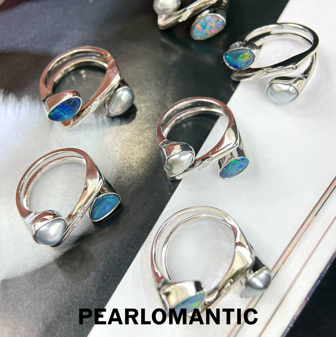[Designer's Choice] Tahitian Keshi Pearl & Australian Opal Twisted Teardrop S925 Ring