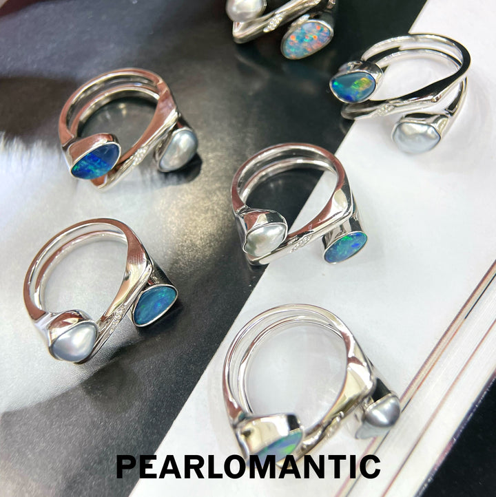 [Designer's Choice] Tahitian Keshi Pearl & Australian Opal Twisted Teardrop S925 Ring
