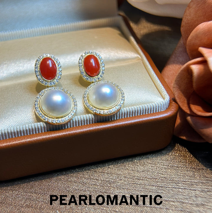 [Designer's Choice] Aka Coral 1.6ct & Saltwater Mabe Pearl Earring Studs