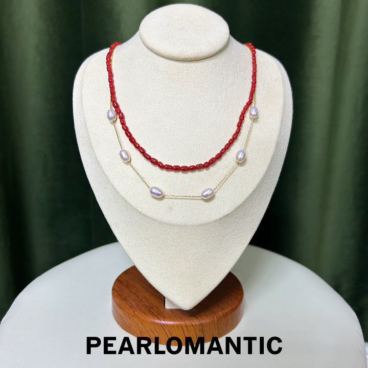 [Designer's Choice] Freshwater Pearl & Coral Multi-Sizes Double-Layer Necklaces w/ S925