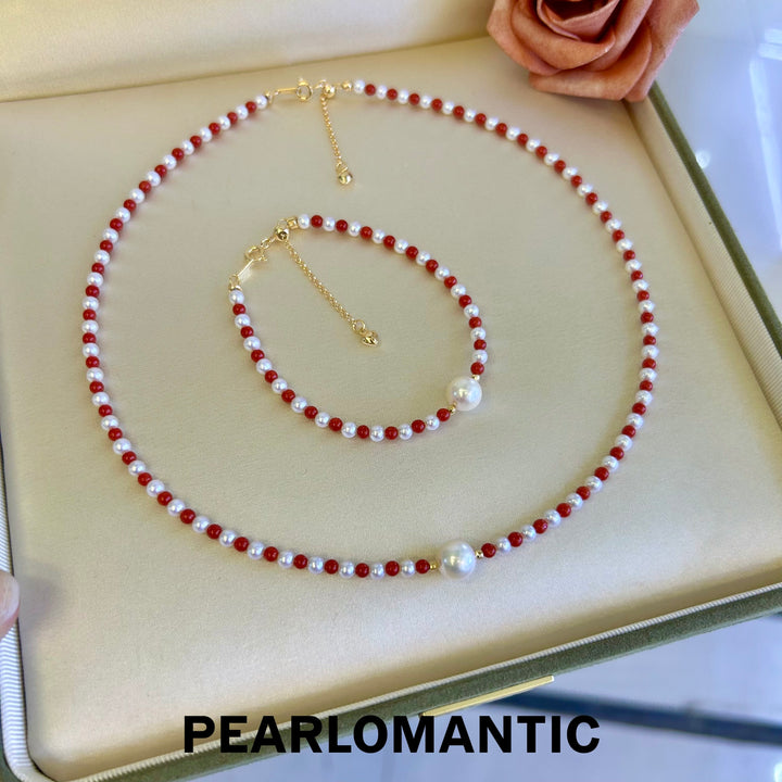 [Designer's Choice] Freshwater & Akoya Pearl & Red Coral Necklaces & Bracelets SET