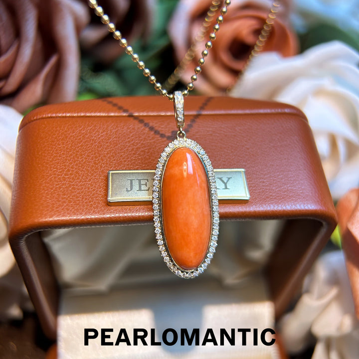 [Fine Jewelry] Pink Coral Big 7.95ct Oval Shape All-purpose Pendants w/ 14k Gold & Diamonds