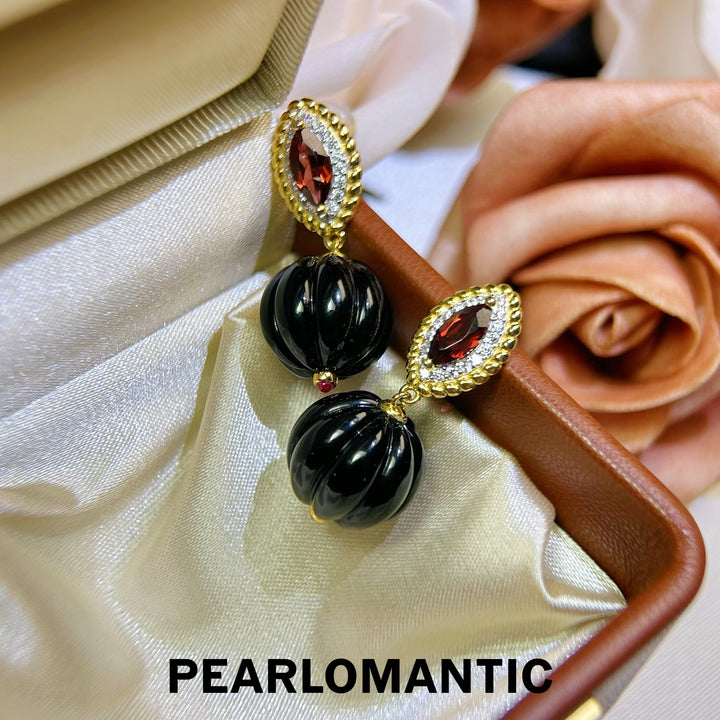[618 Sale] Black Agate Pumpkin Cut Drop Earrings w/ S925 Silver