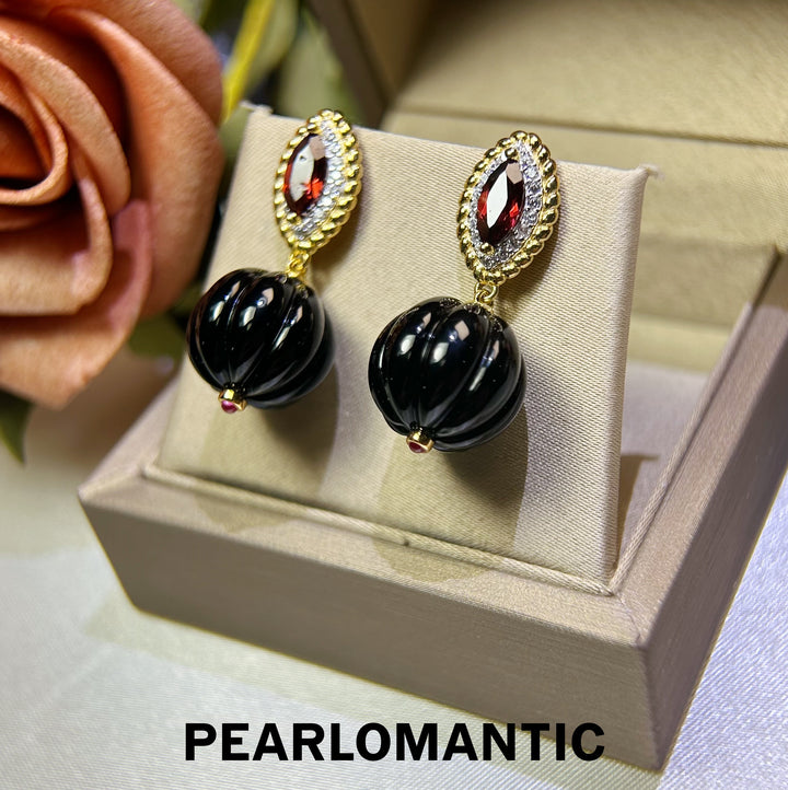 [618 Sale] Black Agate Pumpkin Cut Drop Earrings w/ S925 Silver