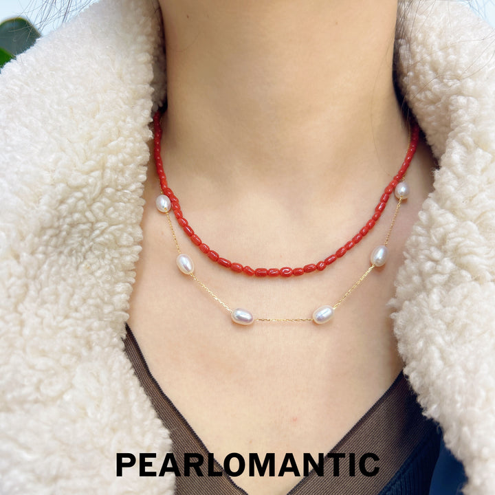 [Designer's Choice] Freshwater Pearl & Coral Multi-Sizes Double-Layer Necklaces w/ S925