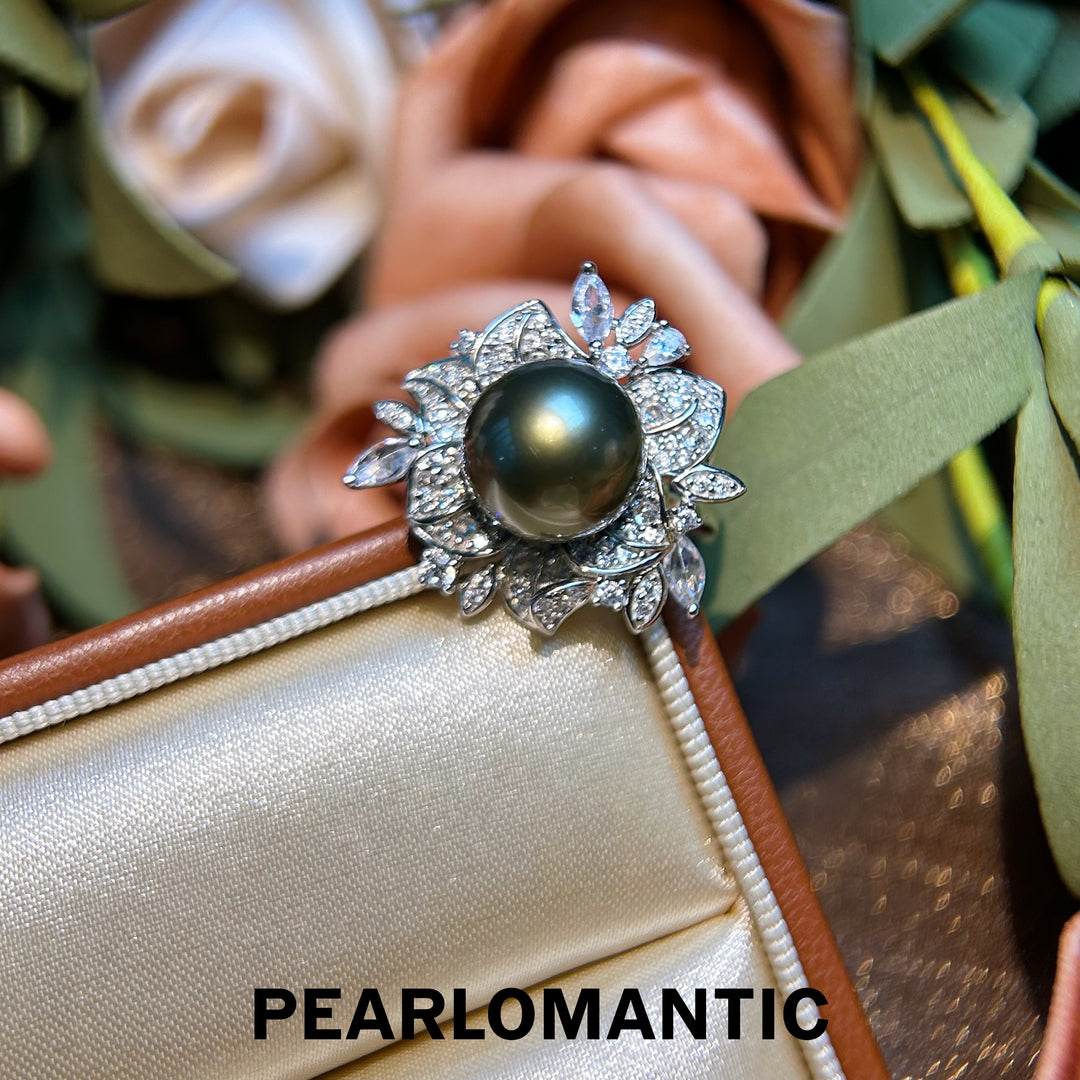 [Designer's Choice] Tahitian Black Pearl Green Glow Bloom Adjustable Silver Ring