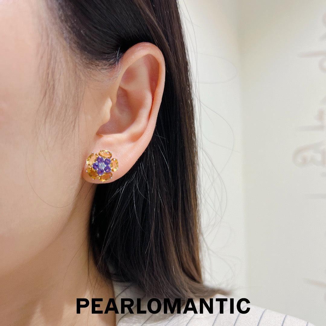 [Designer's Choice] Citrine & Amethyst Masterfully Made Italy S925 Floral Ear Studs