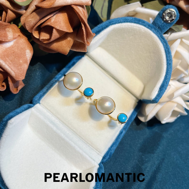 [Designer's Choice] Ocean Split Mabe Pearl Meets Turquoise Earrings & Rings Silver w/ Gold