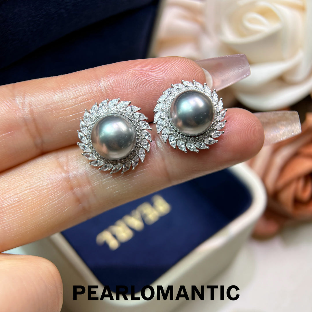 [Designer’s Choice] Moon Halo 10–11mm 4A Tahitian Pearl Platinum Gray S925 Gold-Plated Stud Earrings