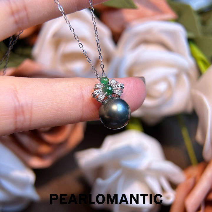 [Fine Jewelry] Lustrous Tahitian Pearl Pendant with Jade - 18k Gold Bow Accent Pendants