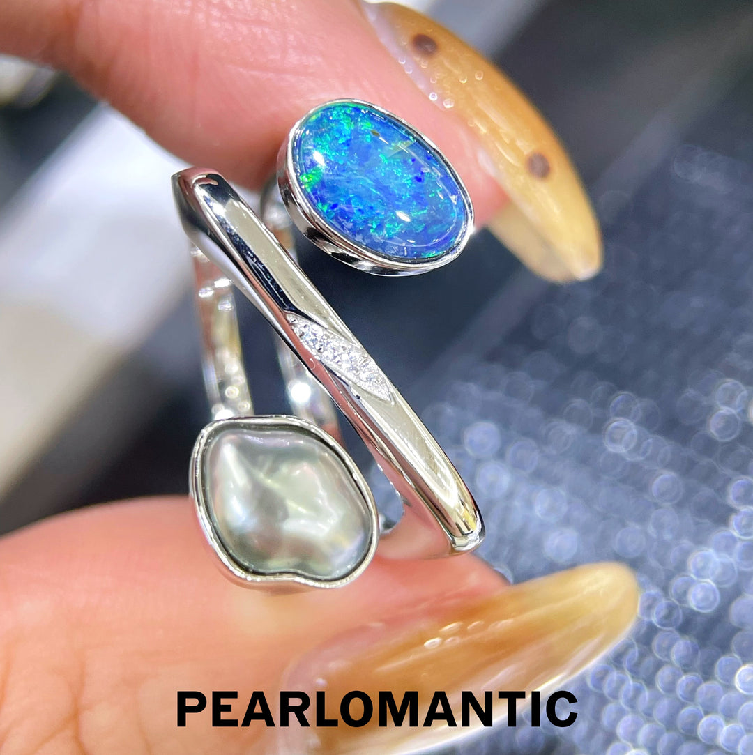 [Designer's Choice] Tahitian Keshi Pearl & Australian Opal Twisted Teardrop S925 Ring