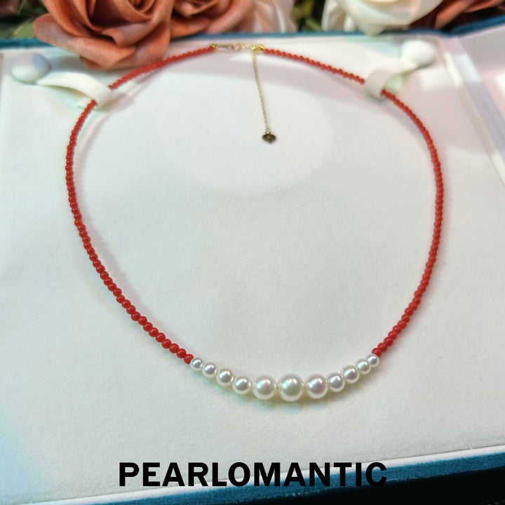 [Fine Jewelry] 18k Gold & Freshwater Pearl & Red Coral Vermilion Tide Adjustable Necklace