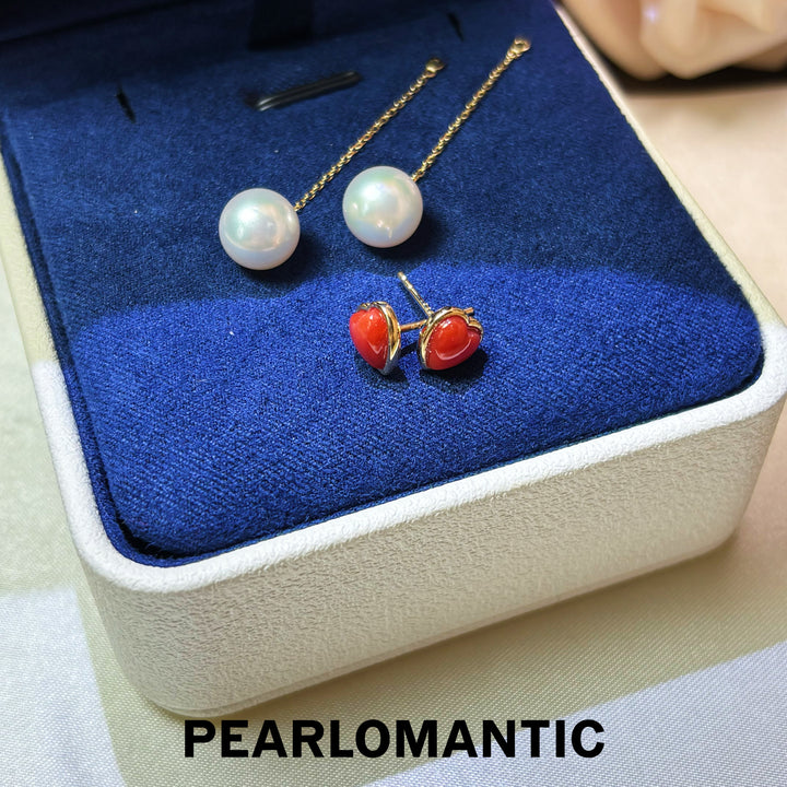 [Fine Jewelry] Red Heart Aka Coral &amp; Mirror-Luster Akoya Pearl 18K Earrings