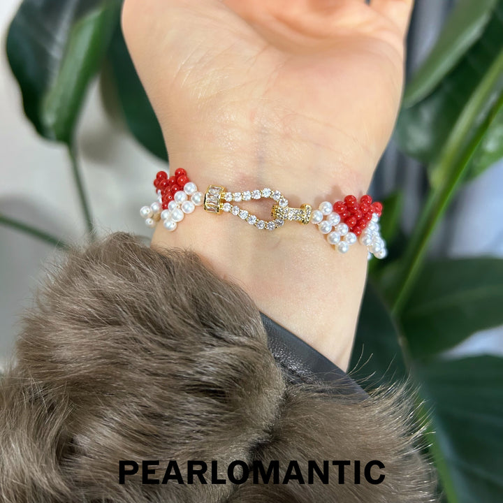 [Designer's Chioce] Freshwater Pearl & Red Coral Heart-Pattern S925 Silver Bracelets