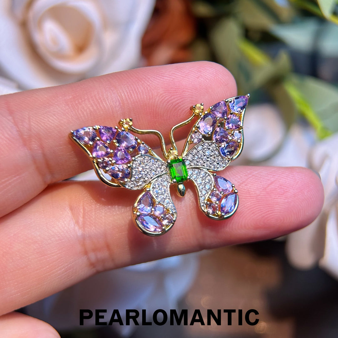 [Designer's Choice] Gorgeous S925 Butterfly Brooch 2.2ct Amethyst and Diopside Inlay