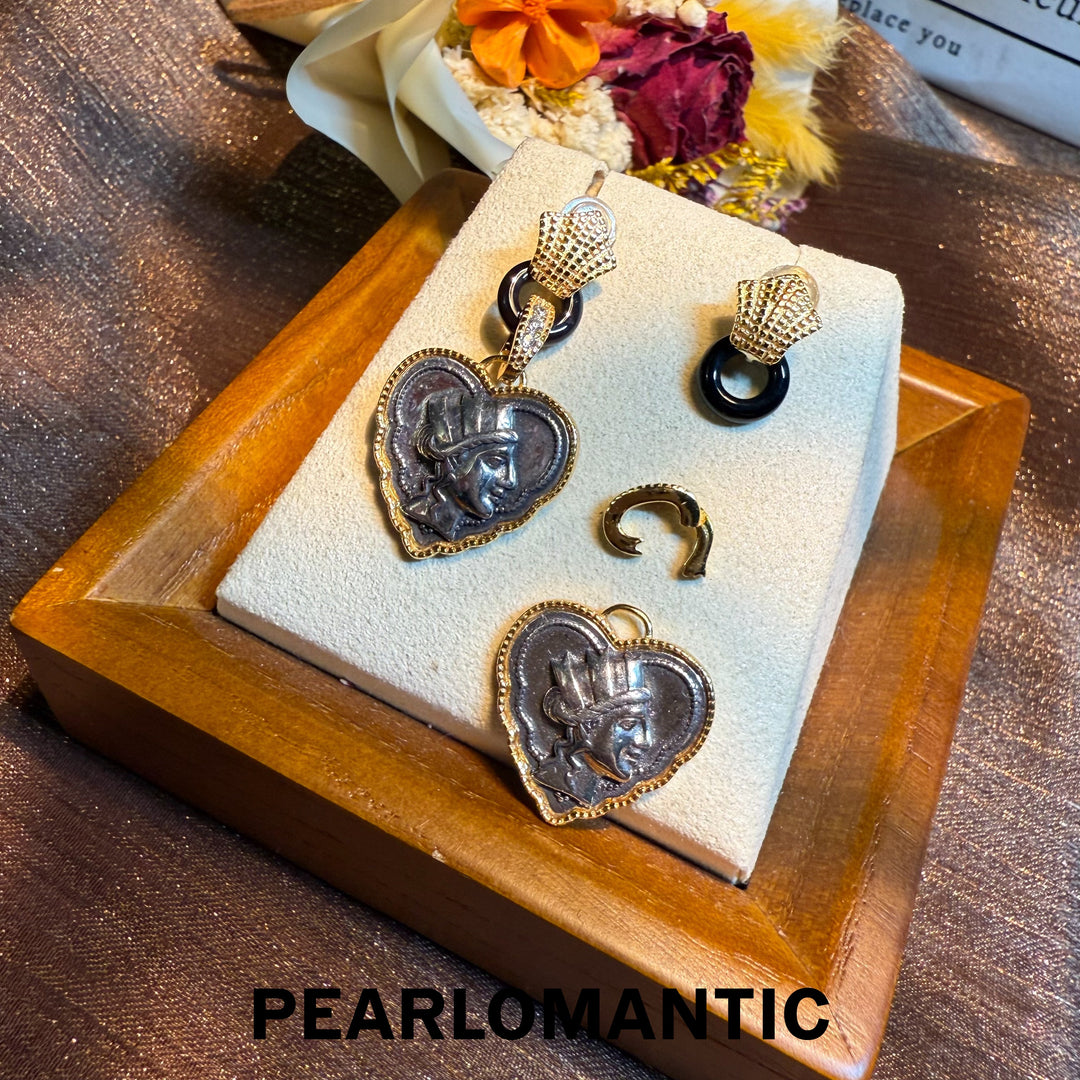 [Designer’s Choice] Silver Ancient Coin & Black Agate Dual style Earring Studs or Pendants