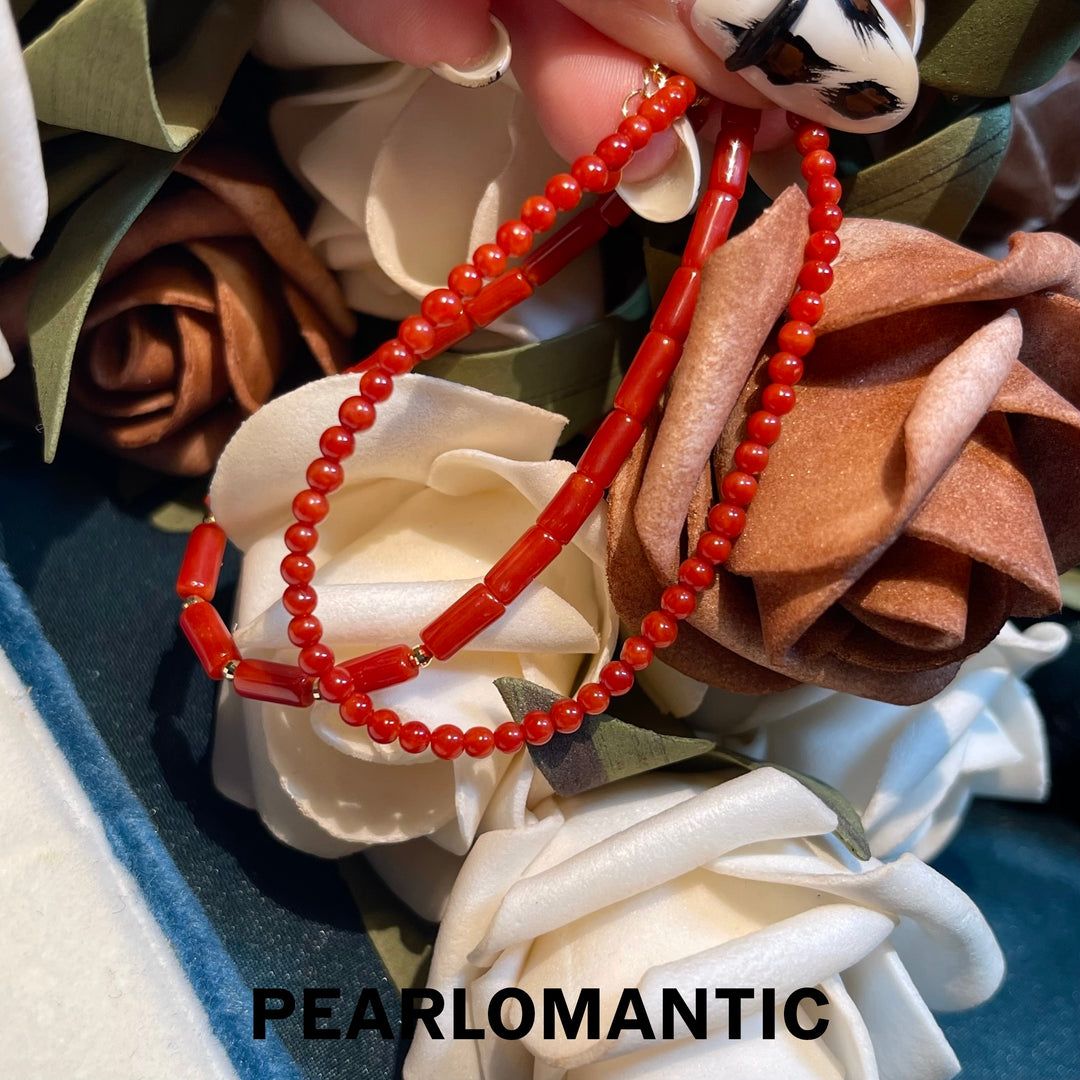 [Fine Jewelry] 18k Gold & Red Coral Doubale Layer Two Shapes Bracelets Adjustable