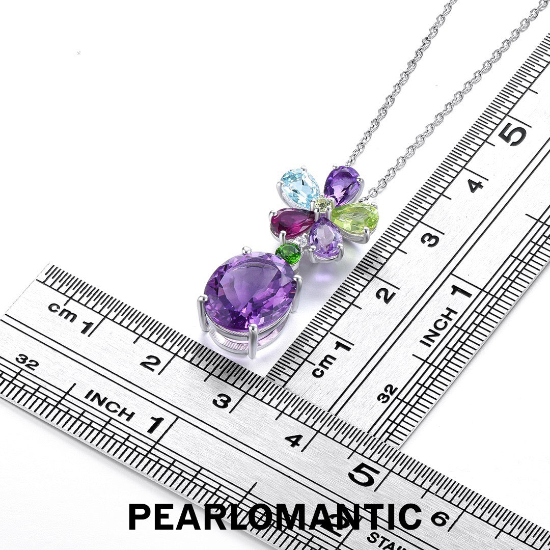 [Designer's Choice] S925 Silver Amethyst & Multi-Gem Floral Necklace w/ Silver Chain