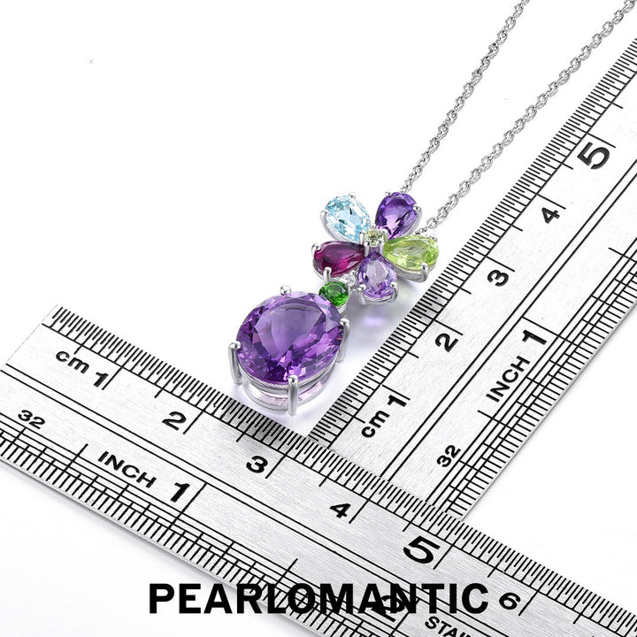 [Designer's Choice] S925 Silver Amethyst & Multi-Gem Floral Necklace w/ Silver Chain