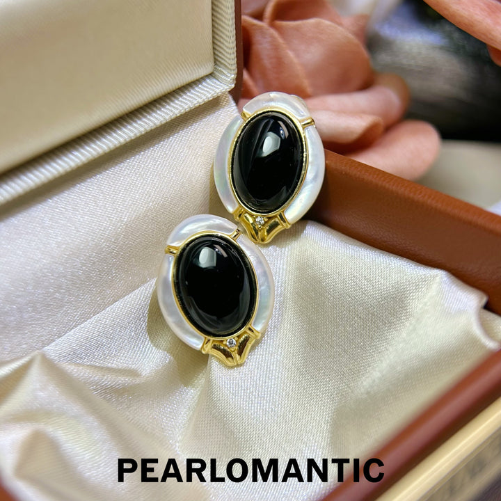 [618 Sale] Black Agate White MOP Oval Frame Earrings w/ S925 Silver