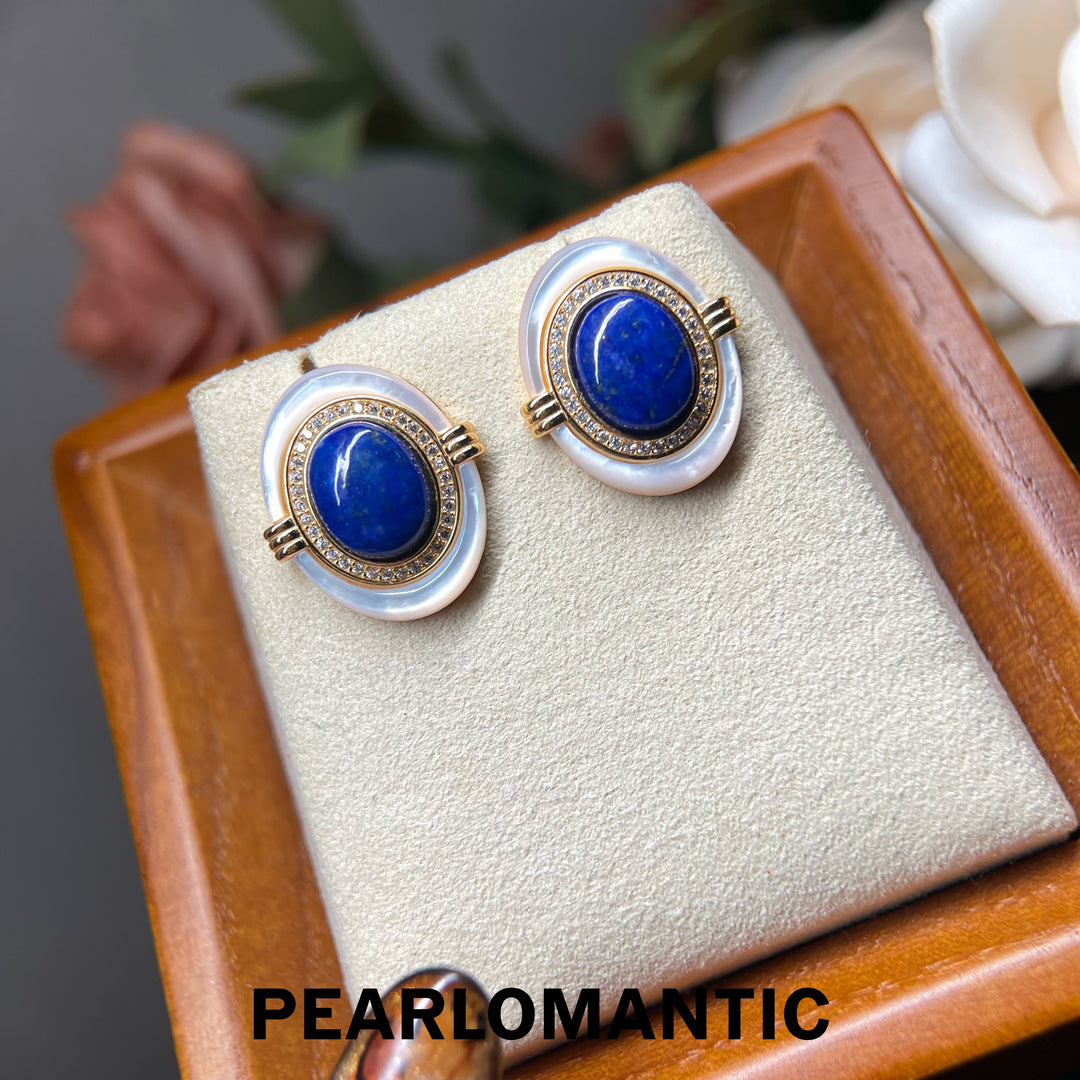 [618 Sale] Royal Blue Lapis MOP Oval Halo Earrings w/ S925 Silver