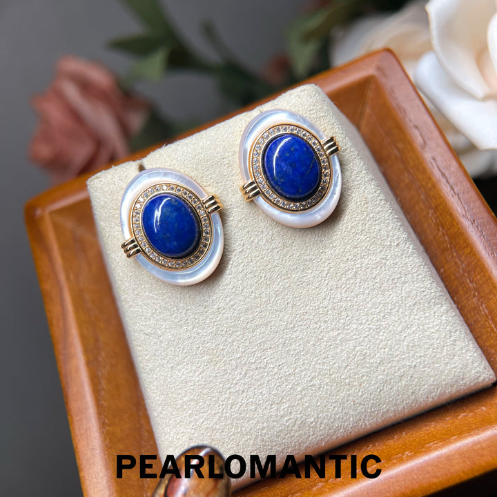 [618 Sale] Royal Blue Lapis MOP Oval Halo Earrings w/ S925 Silver