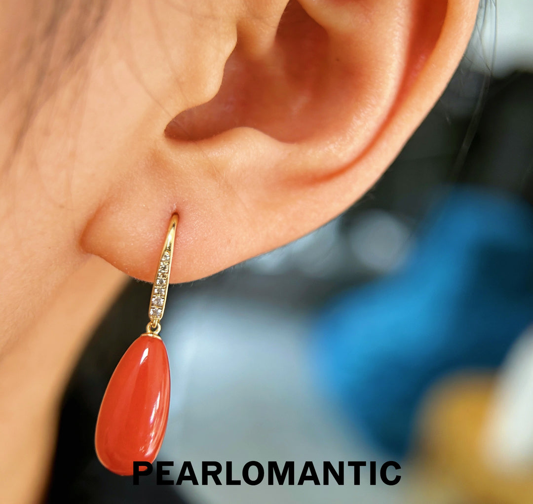 [Joyas finas] Pendientes de coral en forma de lágrima radiante "Vermilion Glow" con detalles de circonita