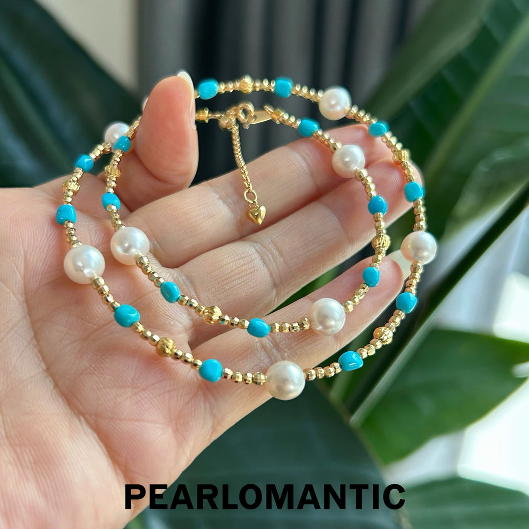 [Designer's Choice] Akoya Pearl & Turquoise Azure Breez S925 Silver Adjustable Necklace