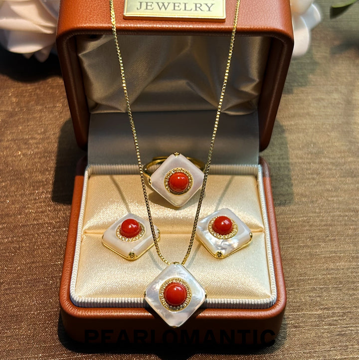 [Everyday Essentials] Crimson Square – Coral in Mother-of-Pearl Jewelry Sets w/ S925 Silver